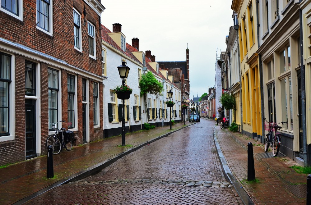 Wet cobblestone street in Utrecht, Holland