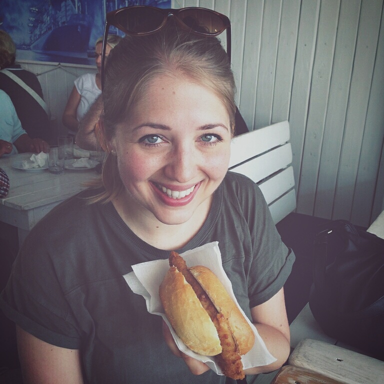 Eating a Fischbrötchen in Hamburg, Germany